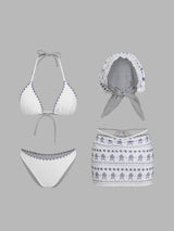 Ensemble bikini triangle col halter à bordures contrastées en dentelle florale