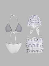 Ensemble bikini triangle col halter à bordures contrastées en dentelle florale