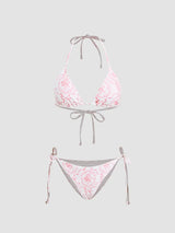 Ensemble bikini col V à nouer avec fleurs et sarong en dentelle assorti
