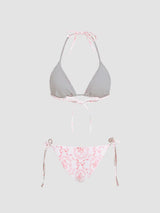 Ensemble bikini col V à nouer avec fleurs et sarong en dentelle assorti