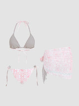 Ensemble bikini col V à nouer avec fleurs et sarong en dentelle assorti
