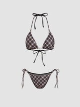 Ensemble bikini triangle à col halter vichy avec short et écharpe