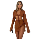 Long-sleeved Tie-up Split Hip Skirt Casual Suit