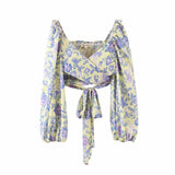 Vintage Floral Lantern Sleeve V-Neck Top