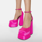 High-heeled Double-layer Satin Square Toe Hollow Sandals