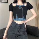 Bubble Ruffle Chain Tie Dye Halter Crop Short Sleeve T-Shirt