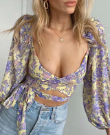 Vintage Floral Lantern Sleeve V-Neck Top