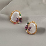 Pure Hand-made Copper Wire-wound Pearl Butterfly Earrings