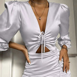Sexy V-Neck Drawstring Pleated Dress