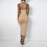 Drawstring sexy halter halter pleated dress