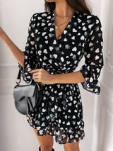 Printed Love V-neck Sexy Ruffled Dress
