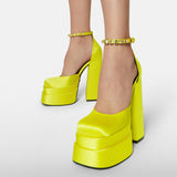 High-heeled Double-layer Satin Square Toe Hollow Sandals