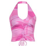 Smocked Abstract Print Cropped Sleeveless Open-back Tank Top