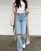 Double-knee Holes Mopping Jeans