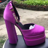 High-heeled Double-layer Satin Square Toe Hollow Sandals