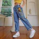 Street Temperament Straight Loose Printed Denim
