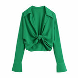 Long Sleeve Knotted Cropped Blouse