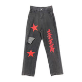 Vintage Stars Print Ripped Straight Wide Leg Jeans