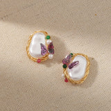 Pure Hand-made Copper Wire-wound Pearl Butterfly Earrings