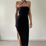 Lace Up Drawstring Ruched Side Slit Midi Dress