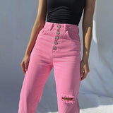 High Waist Ripped Straight Wide Leg Jeans