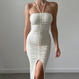Lace Up Drawstring Ruched Side Slit Midi Dress