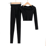 Slim Short Navel V-neck hooded Two-Piece Set