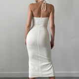 Lace Up Drawstring Ruched Side Slit Midi Dress